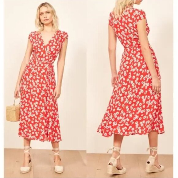 Reformation | Carina Floral Midi Wrap Dress in Oopsie Daisy - Size M - Picture 1 of 15